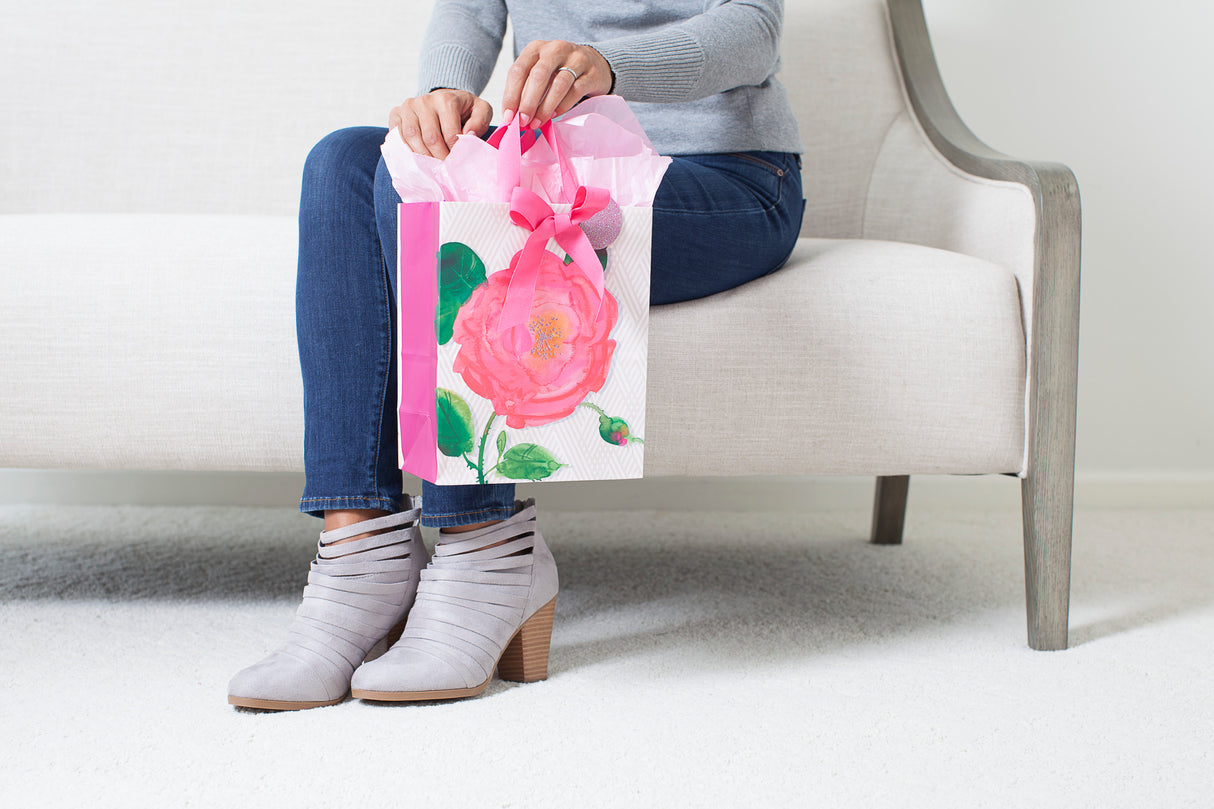 9" Medium Gift Bag with Tissue Paper (Pink Rose) for Birthdays, Bridal Showers, Weddings, Mothers Day or Any Occasion