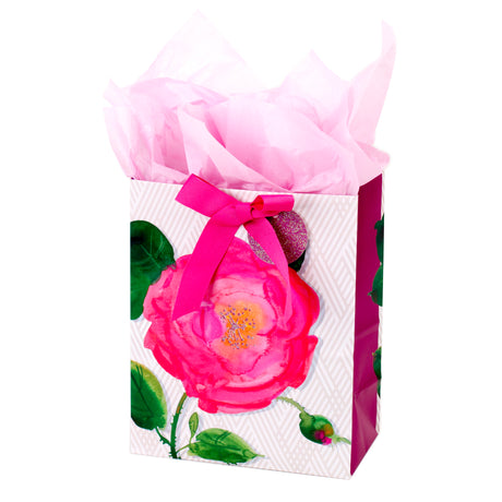 9" Medium Gift Bag with Tissue Paper (Pink Rose) for Birthdays, Bridal Showers, Weddings, Mothers Day or Any Occasion