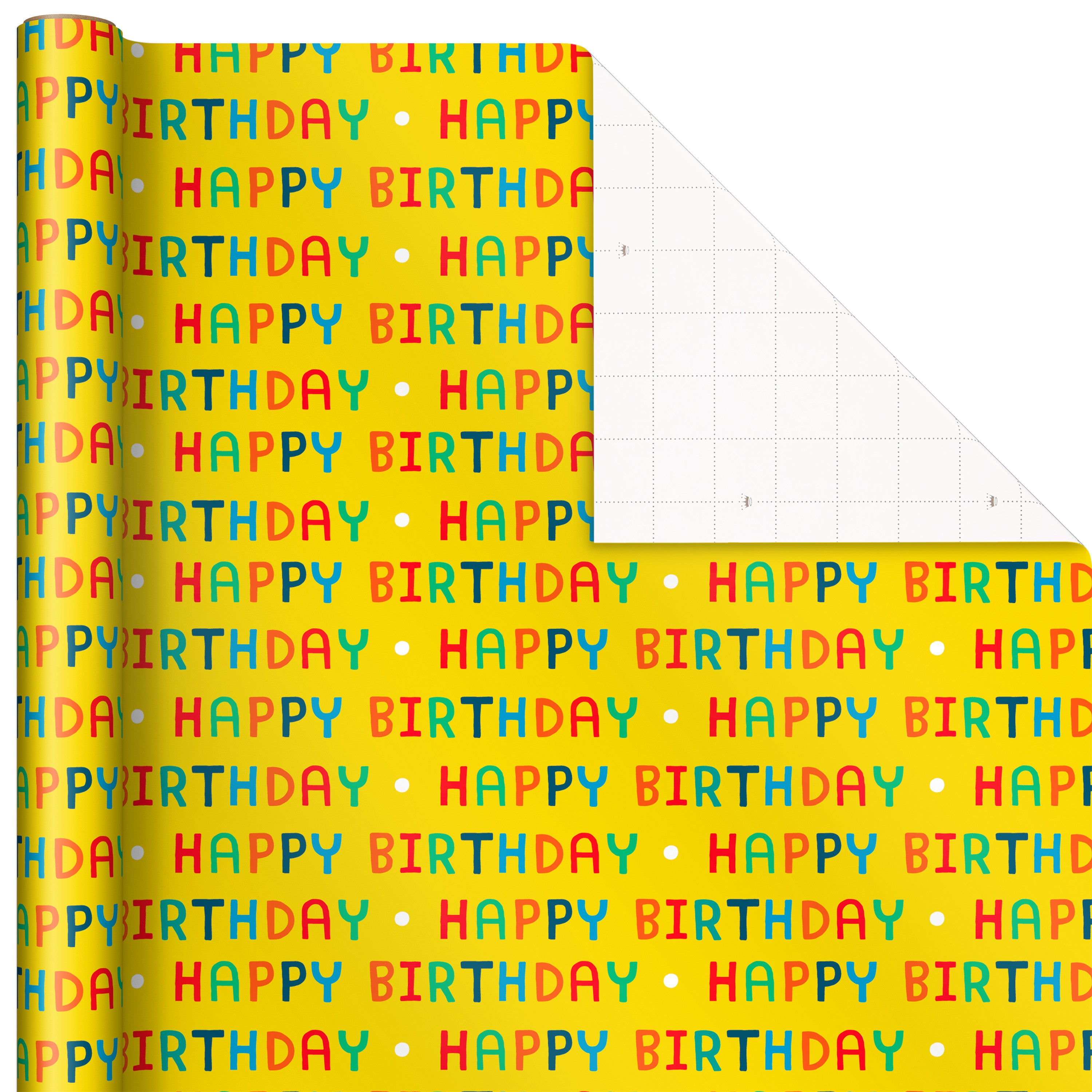 Kids Birthday Wrapping Paper (3 Rolls: 75 sq. ft. ttl) Pink Rainbows, Blue Dinosaurs, Yellow "Happy Birthday"