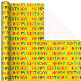 Kids Birthday Wrapping Paper (3 Rolls: 75 sq. ft. ttl) Pink Rainbows, Blue Dinosaurs, Yellow "Happy Birthday"