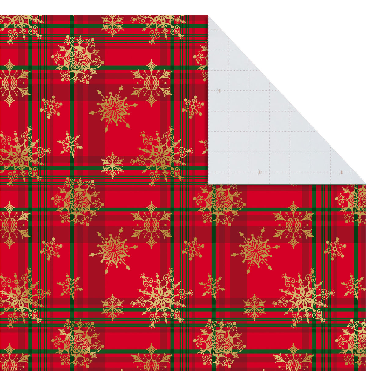 Flat Christmas Wrapping Paper Sheets with Cutlines on Reverse and Gift Tag Seals (12 Folded Sheets, 16 Gift Tag Stickers) Red, White and Gold Stripes, Santa Claus, Snowflakes on Plaid