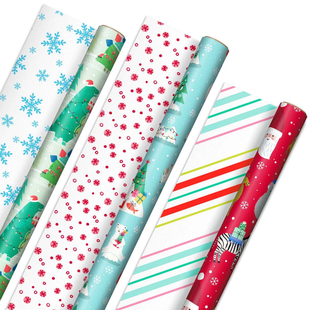 Trendy Reversible Christmas Wrapping Paper for Kids (3 Rolls: 120 sq. ft. ttl) Dinosaurs, Koalas, Polar Bears, Penguins, Camels, Zebras, Stripes