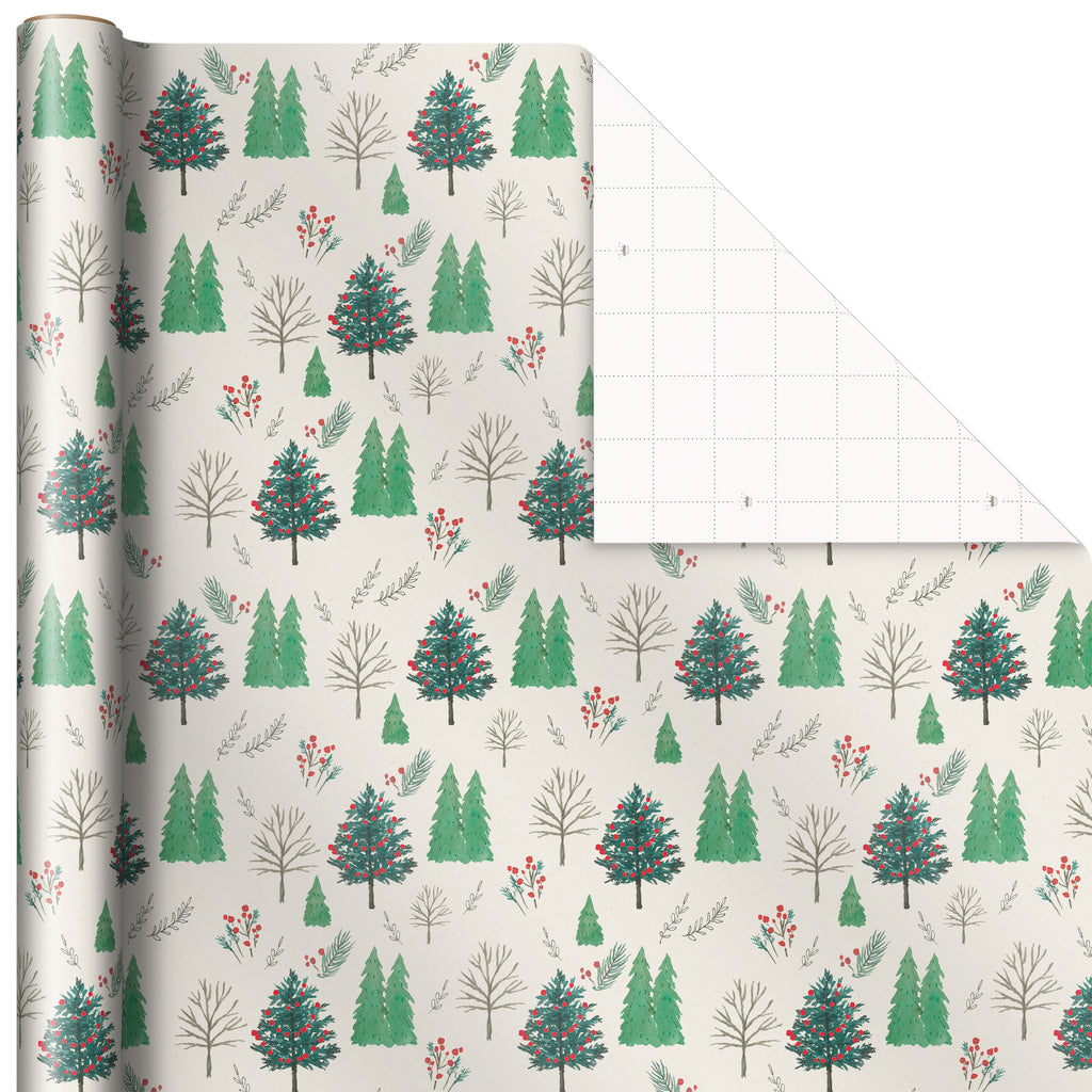 Rustic Red and Green Christmas Wrapping Paper Set (90 sq. ft. ttl, 10 Bows, 4 Ribbon Colors, 40 Gift Tag Stickers) Snowflakes, Trees, Plaid
