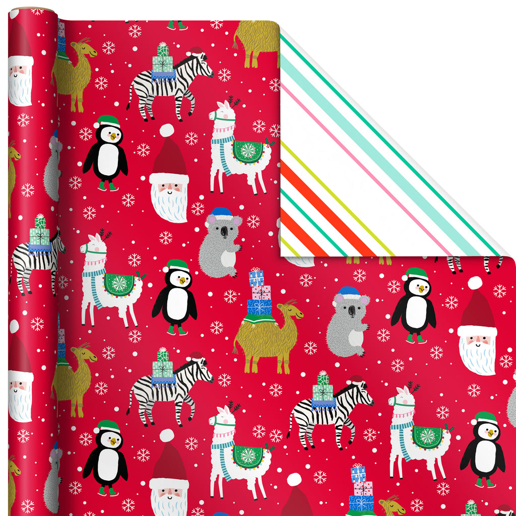 Trendy Reversible Christmas Wrapping Paper for Kids (3 Rolls: 120 sq. ft. ttl) Dinosaurs, Koalas, Polar Bears, Penguins, Camels, Zebras, Stripes