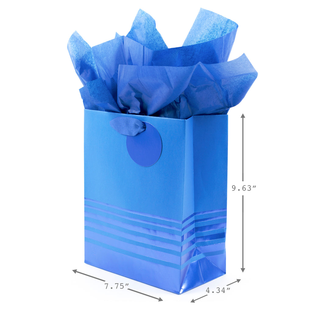 9" Medium Gift Bag with Tissue Paper (Blue Foil Stripes) for Birthdays, Weddings, Hanukkah, Christmas, Graduations, Father's Day and More 