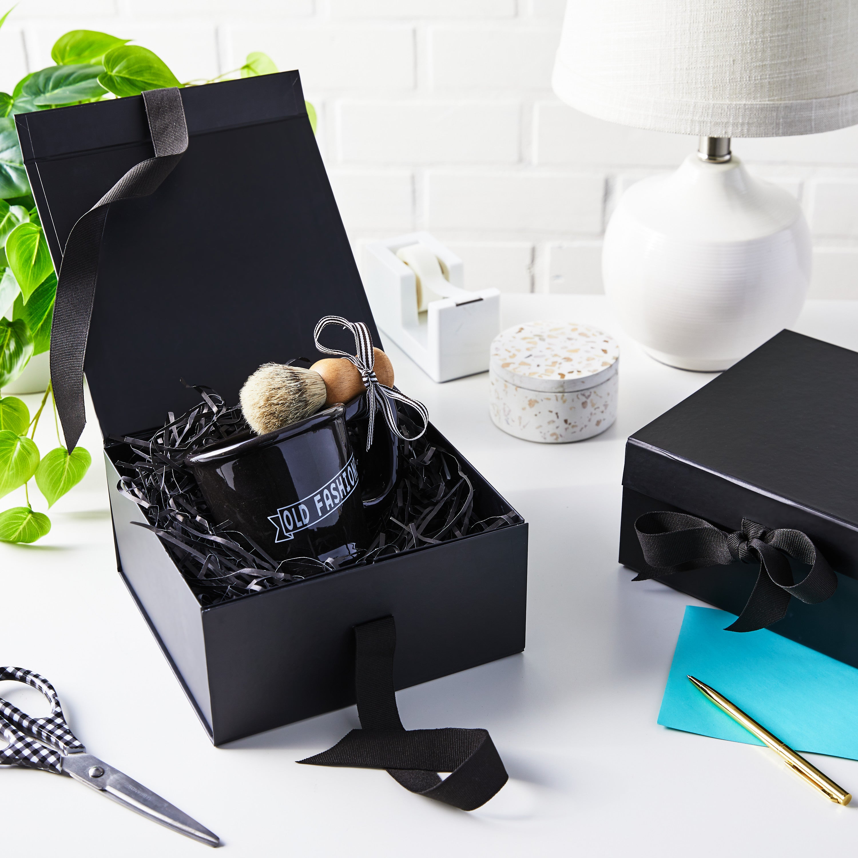 Hallmark Foldable Gift Box Bundle (2 Matching Boxes with Ribbon: Solid Black) for Weddings, Groomsmen Gifts, Engagements, Graduations