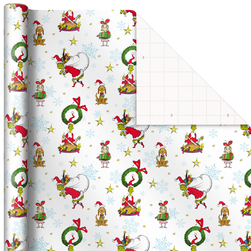 Grinch Wrapping Paper for Kids (3 Rolls: 105 Sq. Ft. Ttl) for Christmas with Blue Tiles, White Snowflakes, Cindy Lou Who, Max