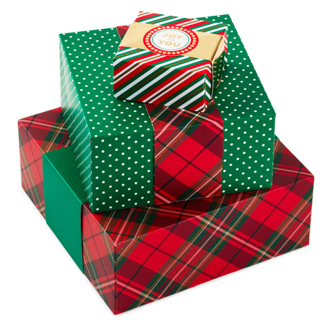 Assorted Size Gift Boxes with Wrap Bands for Christmas (3 Boxes: Red, Green, Gold, "Christmas Wishes," "Joy to You") Snowflakes, Stripes, Dots, Plaid