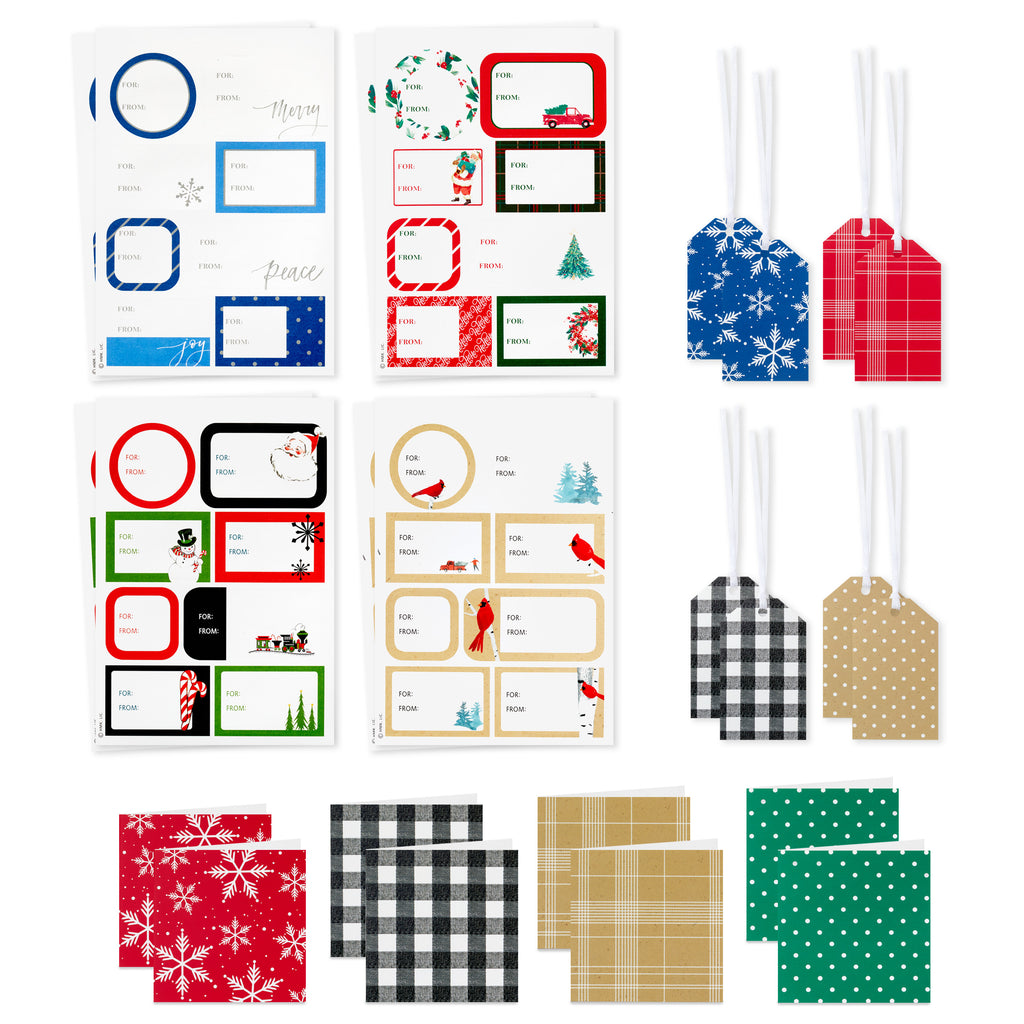 Christmas Gift Tags with Ribbon, Sticker Seals, and Mini Notecards (Elegant Plaid, Snowflakes, Cardinals) for Gift Bags and Wrapped Presents