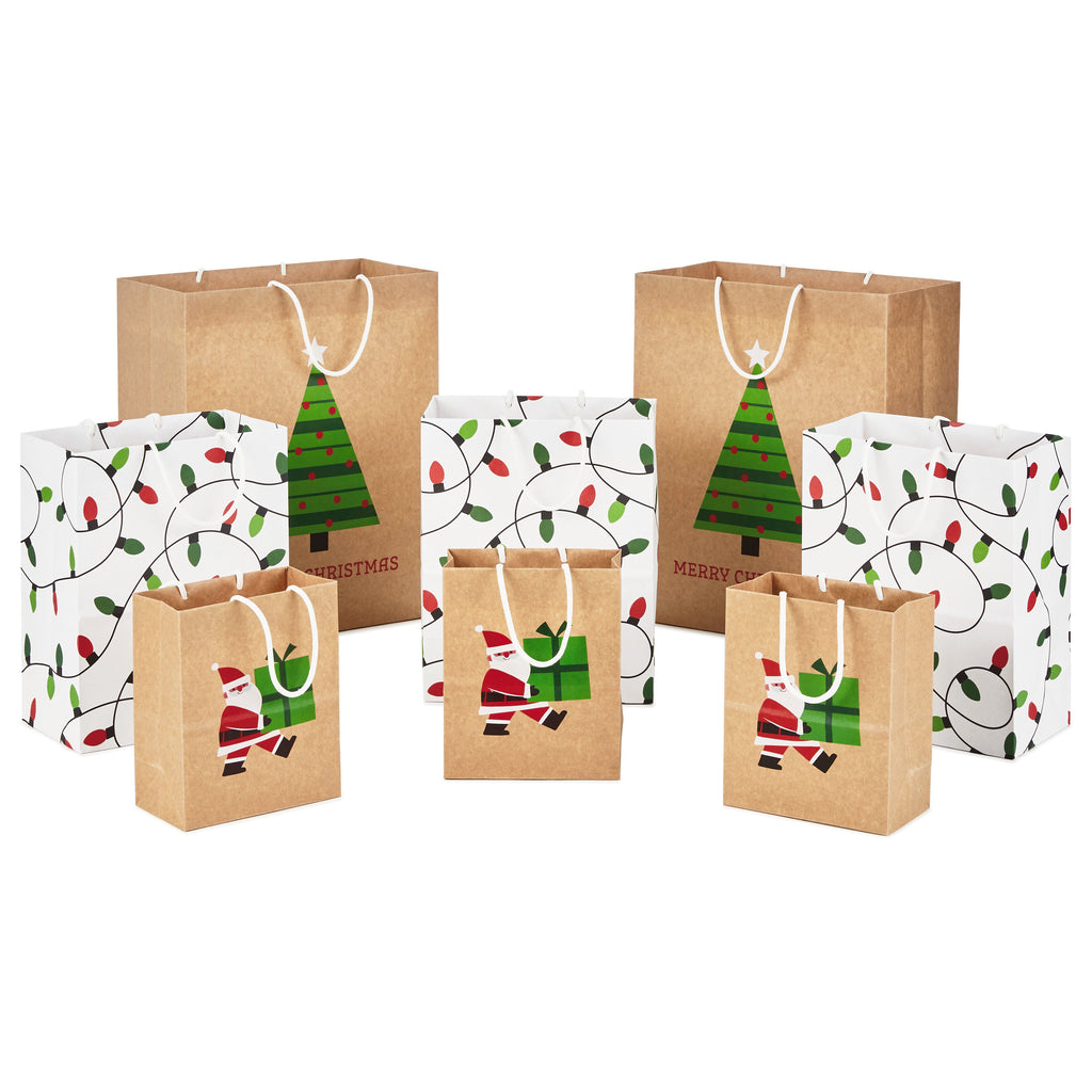 Sustainable Christmas Gift Bags for Kids (8 Bags: 3 Small 6", 3 Medium 9", 2 Large 13") Recyclable Kraft with Santa, Lights and Tree