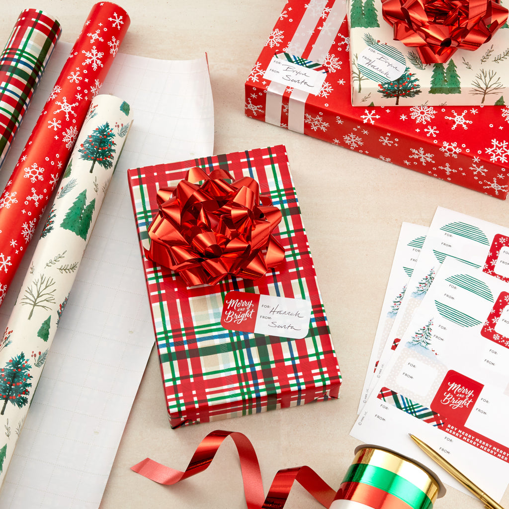 Rustic Red and Green Christmas Wrapping Paper Set (90 sq. ft. ttl, 10 Bows, 4 Ribbon Colors, 40 Gift Tag Stickers) Snowflakes, Trees, Plaid