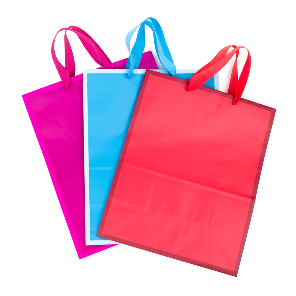 13" Large Solid Color Gift Bags - Pack of 3 (Red, Blue, Hot Pink) for Birthdays, Baby Showers, Holidays and More 