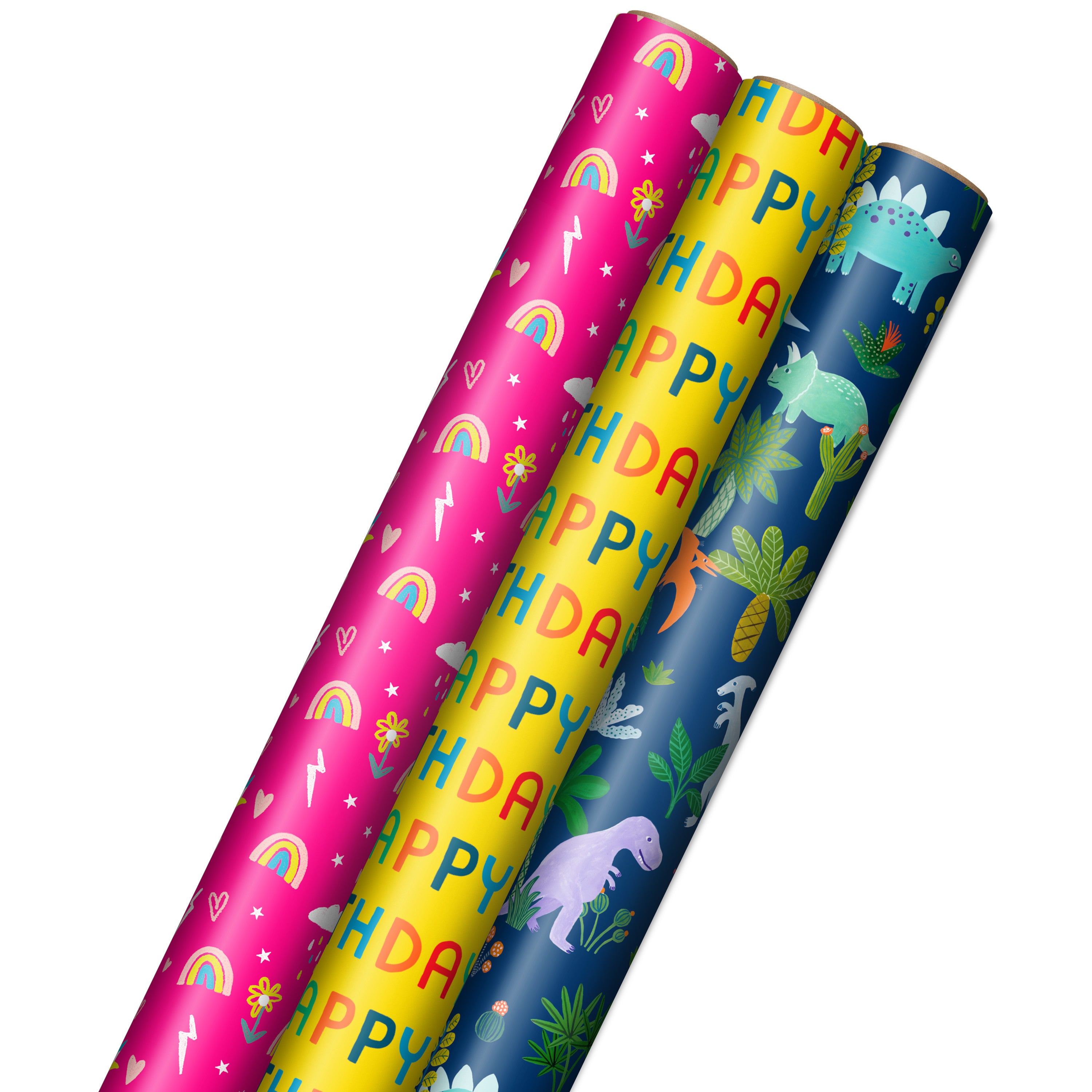 Kids Birthday Wrapping Paper (3 Rolls: 75 sq. ft. ttl) Pink Rainbows, Blue Dinosaurs, Yellow "Happy Birthday"