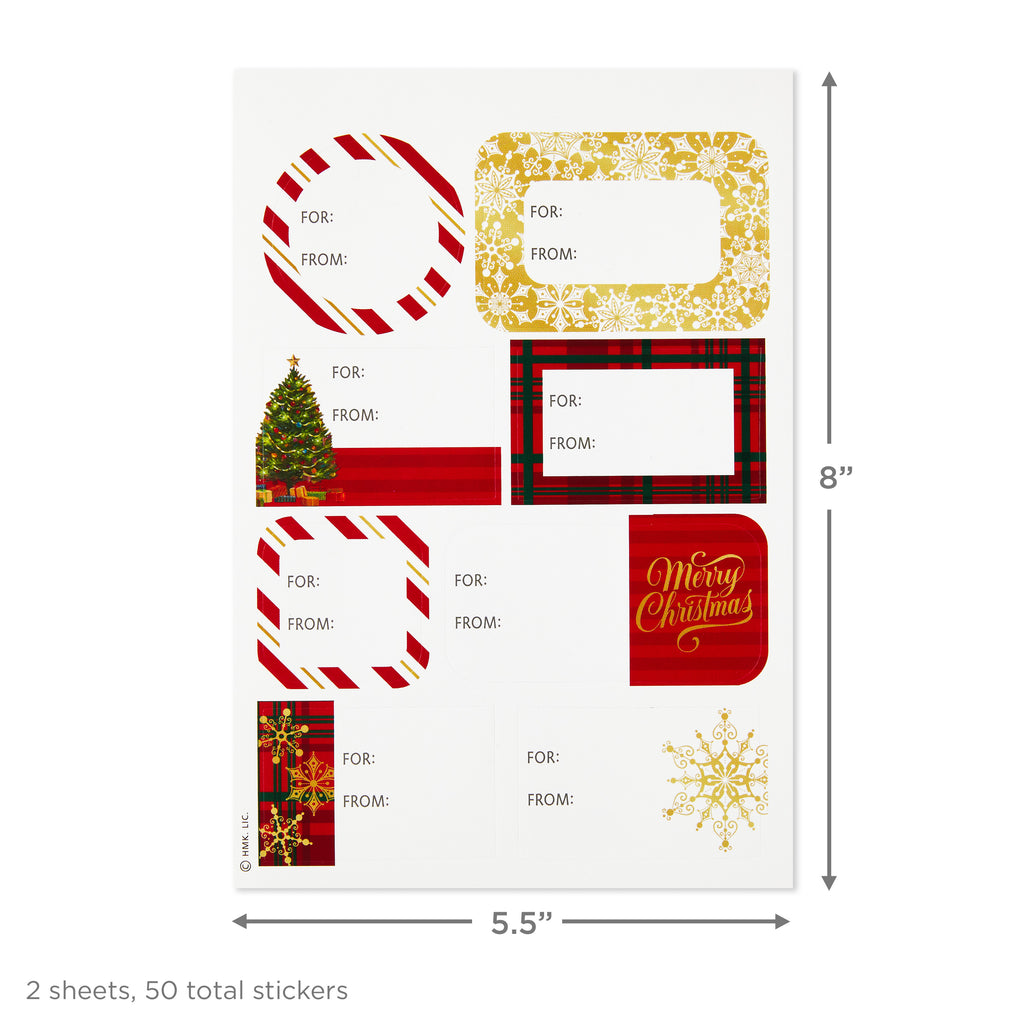 Flat Christmas Wrapping Paper Sheets with Cutlines on Reverse and Gift Tag Seals (12 Folded Sheets, 16 Gift Tag Stickers) Red, White and Gold Stripes, Santa Claus, Snowflakes on Plaid