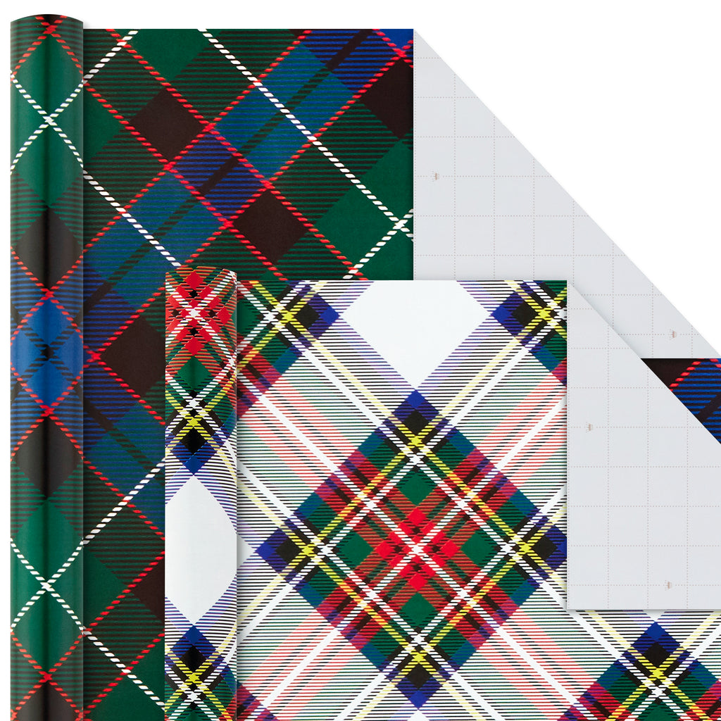 Christmas Wrapping Paper Bundle with Cut Lines on Reverse, Plaid (Pack of 4, 120 sq. ft. ttl)