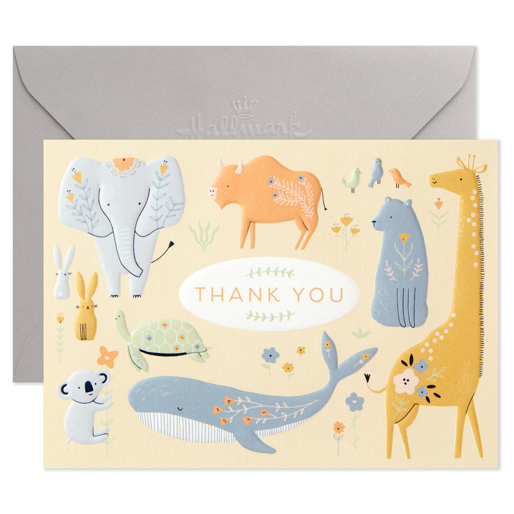 Baby Shower Thank You Cards, Painted Animals (20 Cards with Envelopes for Baby Boy or Baby Girl) Elephant, Koala, Giraffe, Whale, Turtle