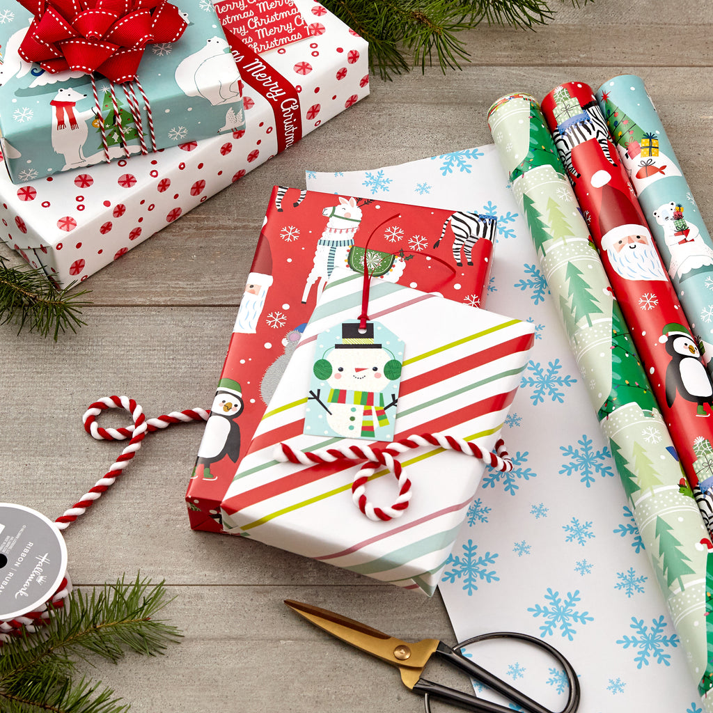 Trendy Reversible Christmas Wrapping Paper for Kids (3 Rolls: 120 sq. ft. ttl) Dinosaurs, Koalas, Polar Bears, Penguins, Camels, Zebras, Stripes