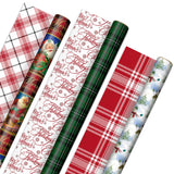 Reversible Christmas Wrapping Paper (3 Rolls: 120 sq. ft. ttl) Vintage Santa, Snowmen, Traditional Green, Red and White Plaids