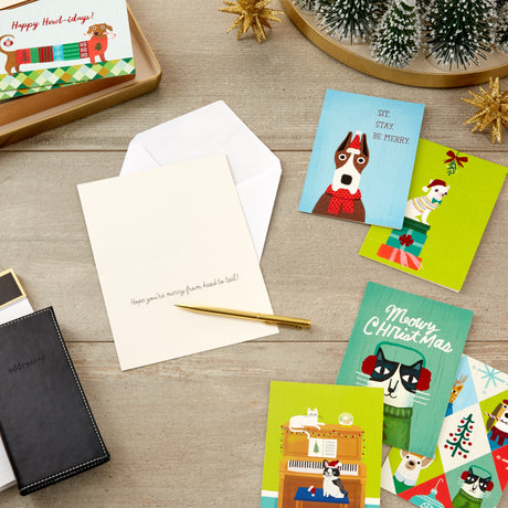 Boxed Christmas Cards Assortment, Holiday Cats and Dogs (6 Designs, 24 Cards with Envelopes)