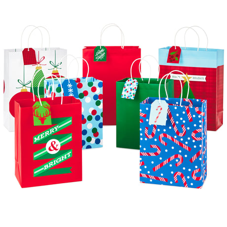 Christmas Assorted Gift Bag Bundle with Mix-n-Match Gift Tags, Traditional (Pack of 7 Gift Bags: 3 Large 13", 4 Medium Gift Bags 9"; 7 Gift Tags)