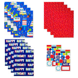 Flat Birthday Wrapping Paper Sheets with Cutlines on Reverse (12 Folded Sheets with Sticker Seals) Happy Birthday, Red Confetti, Blue with Cakes