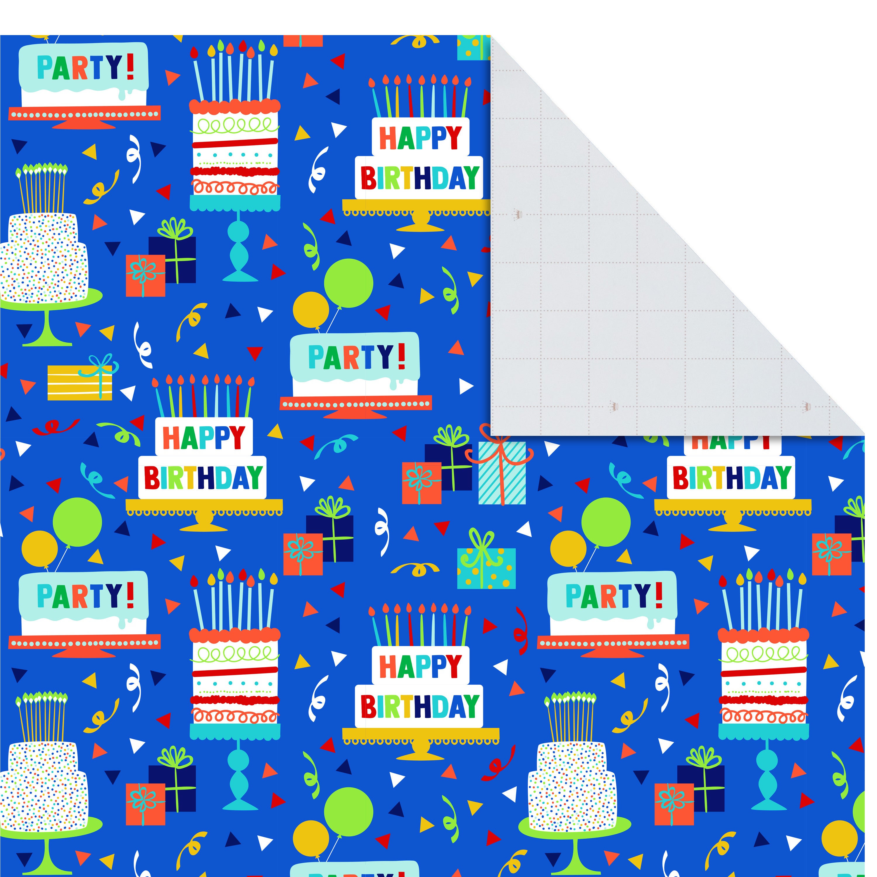 Flat Birthday Wrapping Paper Sheets with Cutlines on Reverse (12 Folded Sheets with Sticker Seals) Happy Birthday, Red Confetti, Blue with Cakes