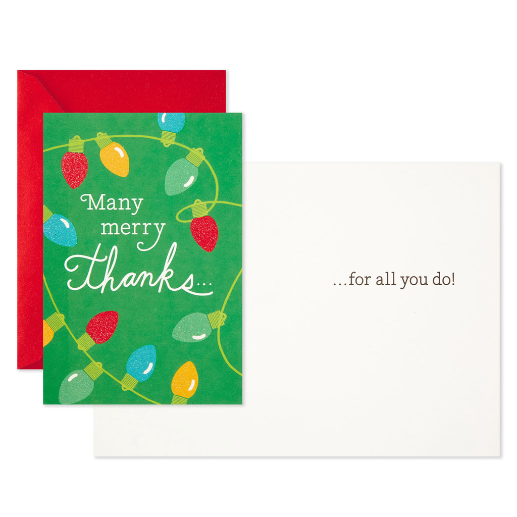 Pack of Christmas Thank You Cards, Merry Thanks (10 Cards with Envelopes)