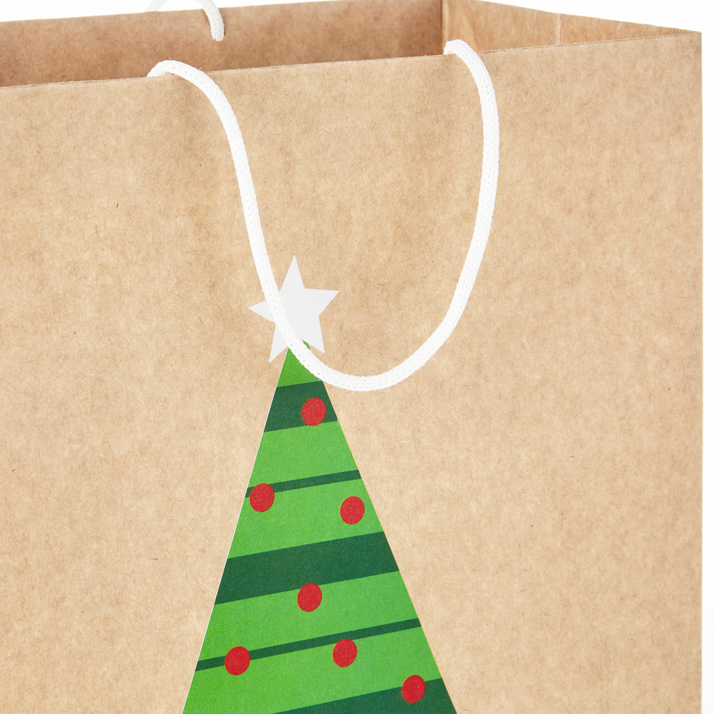 Sustainable Christmas Gift Bags for Kids (8 Bags: 3 Small 6", 3 Medium 9", 2 Large 13") Recyclable Kraft with Santa, Lights and Tree