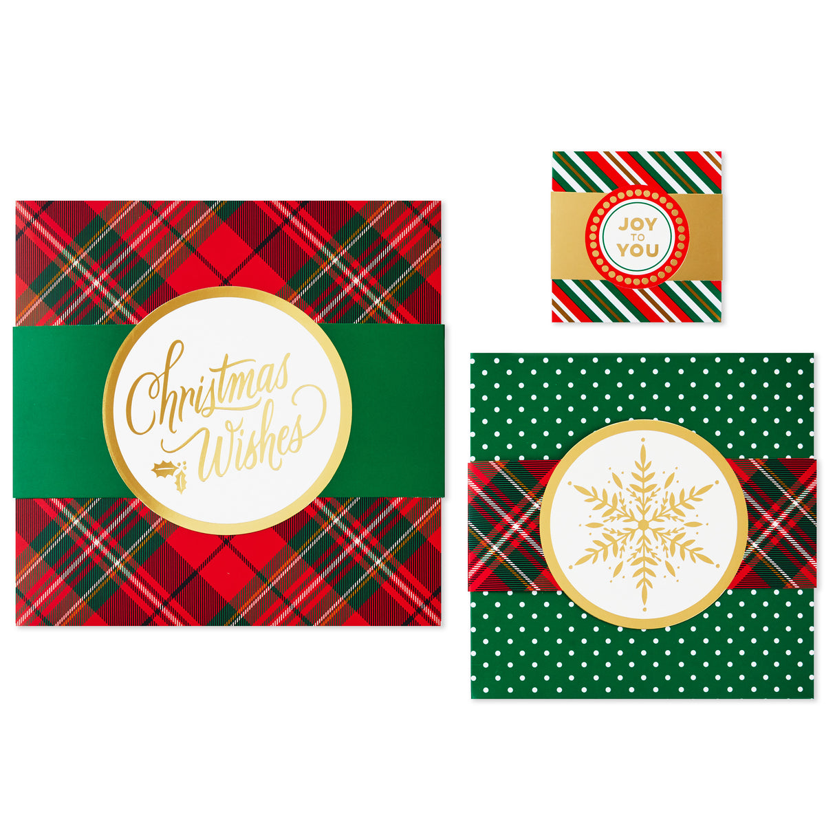 Assorted Size Gift Boxes with Wrap Bands for Christmas (3 Boxes: Red, Green, Gold, "Christmas Wishes," "Joy to You") Snowflakes, Stripes, Dots, Plaid