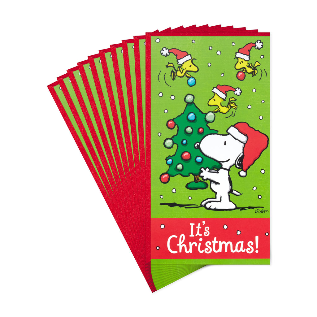 Peanuts Pack of Christmas Money or Gift Card Holders, Snoopy Christmas Tree (10 Cards with Envelopes)
