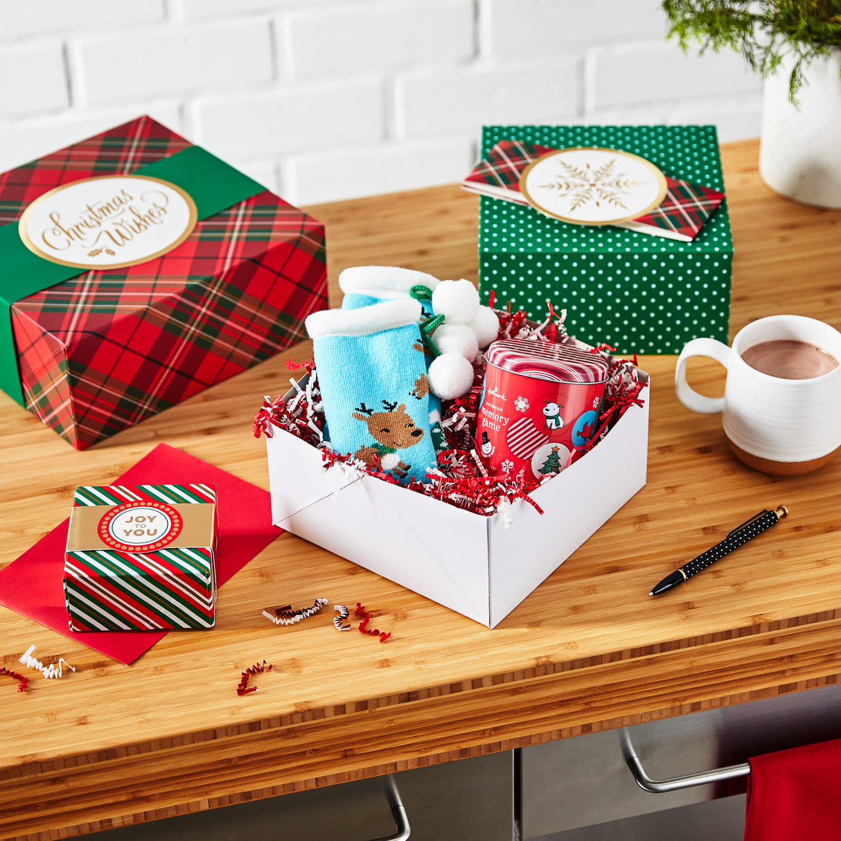 Assorted Size Gift Boxes with Wrap Bands for Christmas (3 Boxes: Red, Green, Gold, "Christmas Wishes," "Joy to You") Snowflakes, Stripes, Dots, Plaid