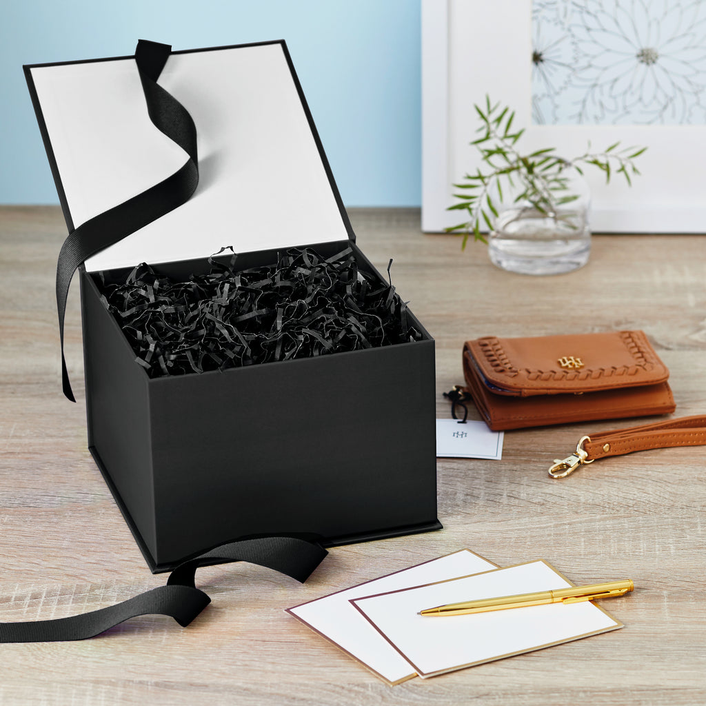 Hallmark 7" Large Black Gift Box with Lid and Shredded Paper Fill for Weddings, Birthdays, Halloween, Christmas, Hanukkah, Holidays, Graduation and More