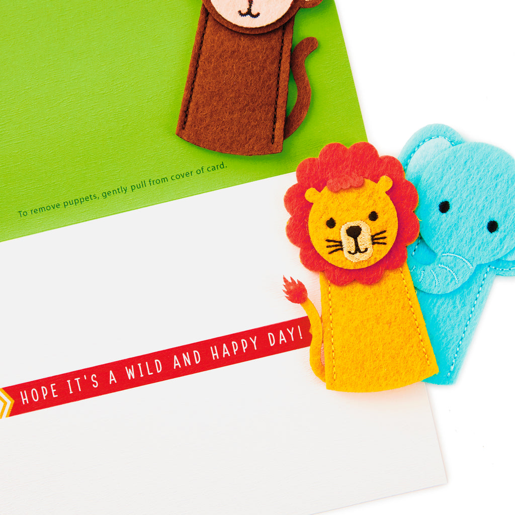 Signature Birthday Card with Removable Finger Puppets for Kids (Jungle Animals)