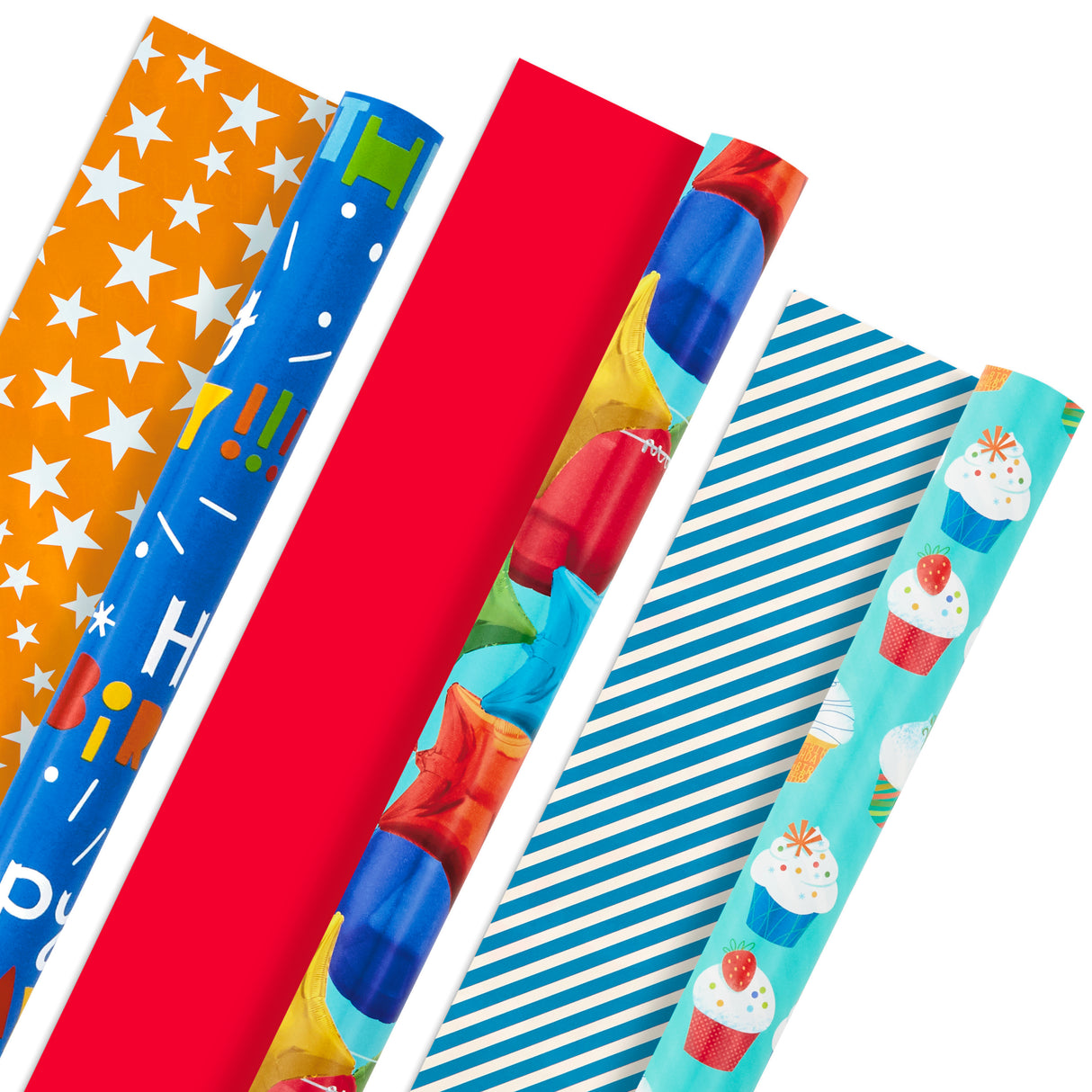 All Occasion Reversible Wrapping Paper Bundle - Kids Birthday (3 Rolls - 75 sq. ft. total) Balloons, Stars, Cupcakes, Blue Stripes, Solid Red