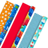 All Occasion Reversible Wrapping Paper Bundle - Kids Birthday (3 Rolls - 75 sq. ft. total) Balloons, Stars, Cupcakes, Blue Stripes, Solid Red