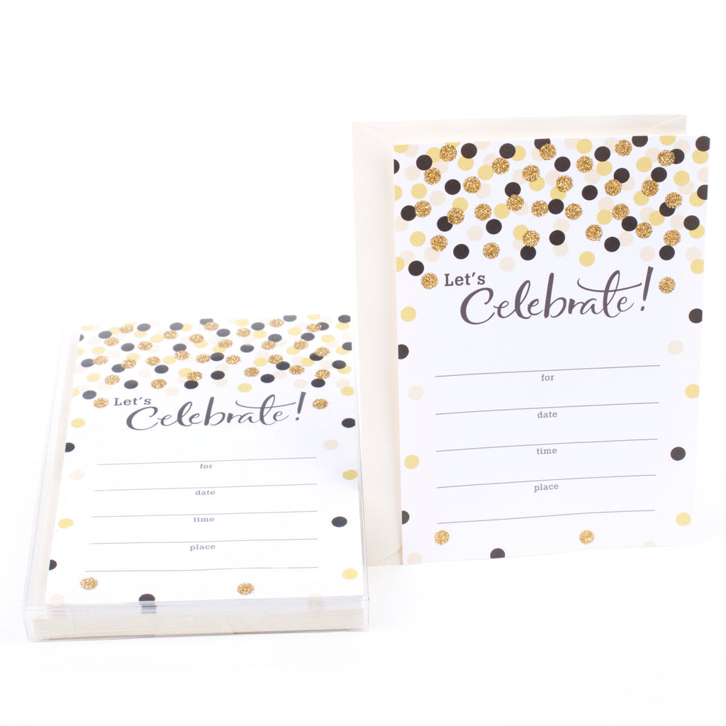 Party Invitations (Let's Celebrate with Gold and Black Dots, Pack of 20)