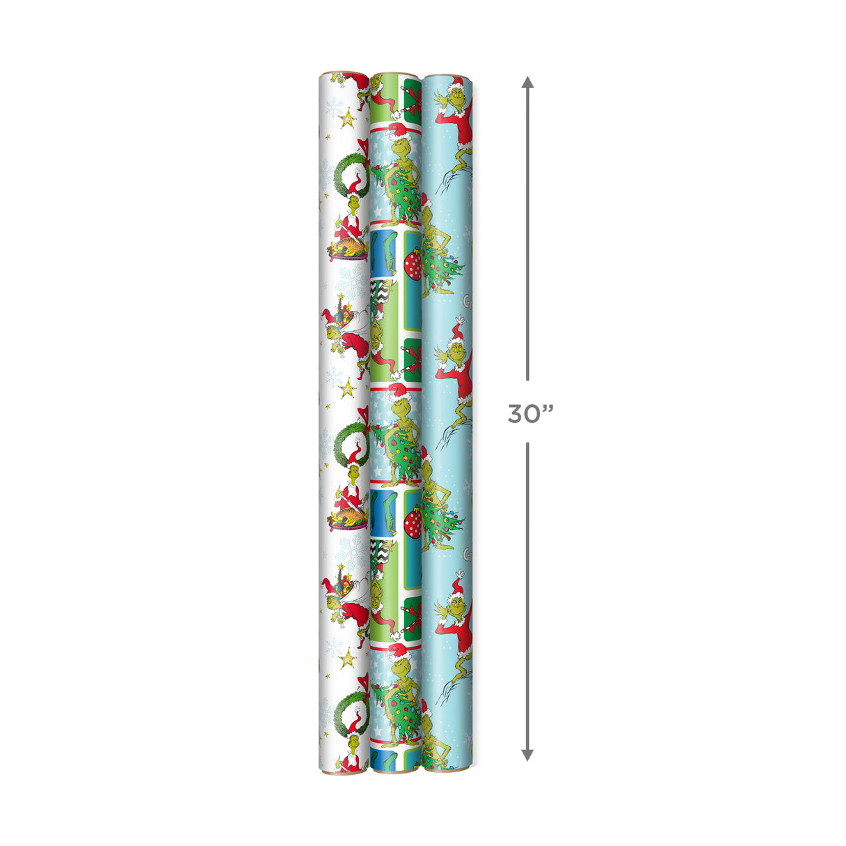 Grinch Wrapping Paper for Kids (3 Rolls: 105 Sq. Ft. Ttl) for Christmas with Blue Tiles, White Snowflakes, Cindy Lou Who, Max