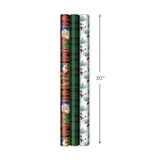 Reversible Christmas Wrapping Paper (3 Rolls: 120 sq. ft. ttl) Vintage Santa, Snowmen, Traditional Green, Red and White Plaids