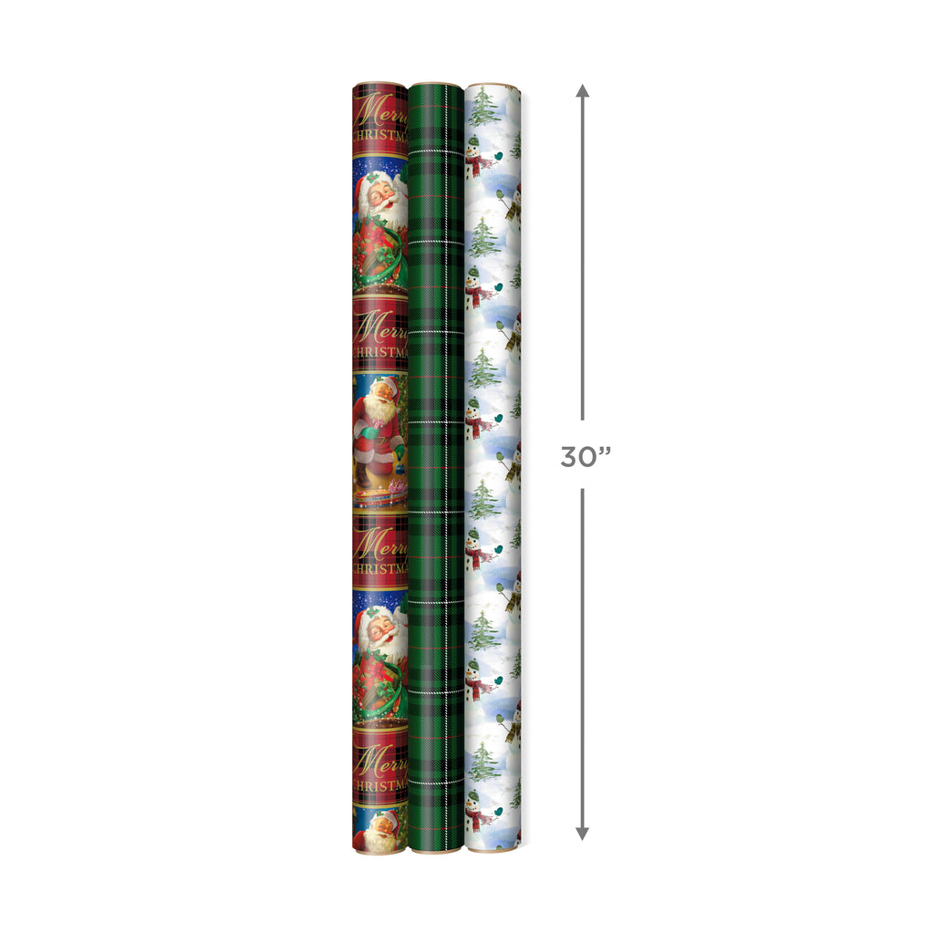 Reversible Christmas Wrapping Paper (3 Rolls: 120 sq. ft. ttl) Vintage Santa, Snowmen, Traditional Green, Red and White Plaids